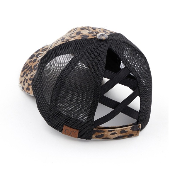 C.C Black & Leopard Print Criss Cross Ponytail Hat - Picture 2 of 2
